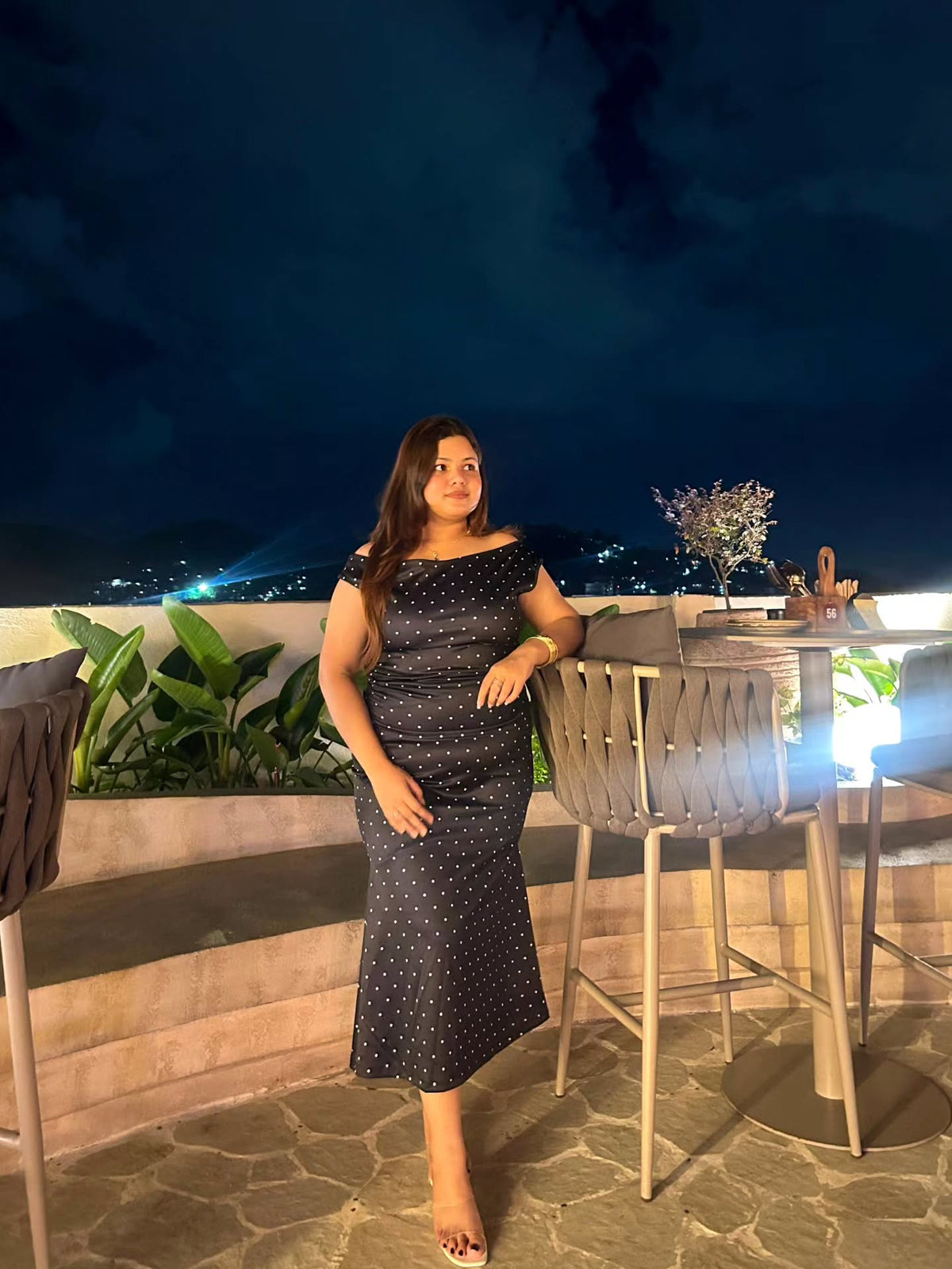 Customer photo 1 of Off-shoulder Ruched Top and Polka Dot Mermaid Maxi Skirt Two Piece Set