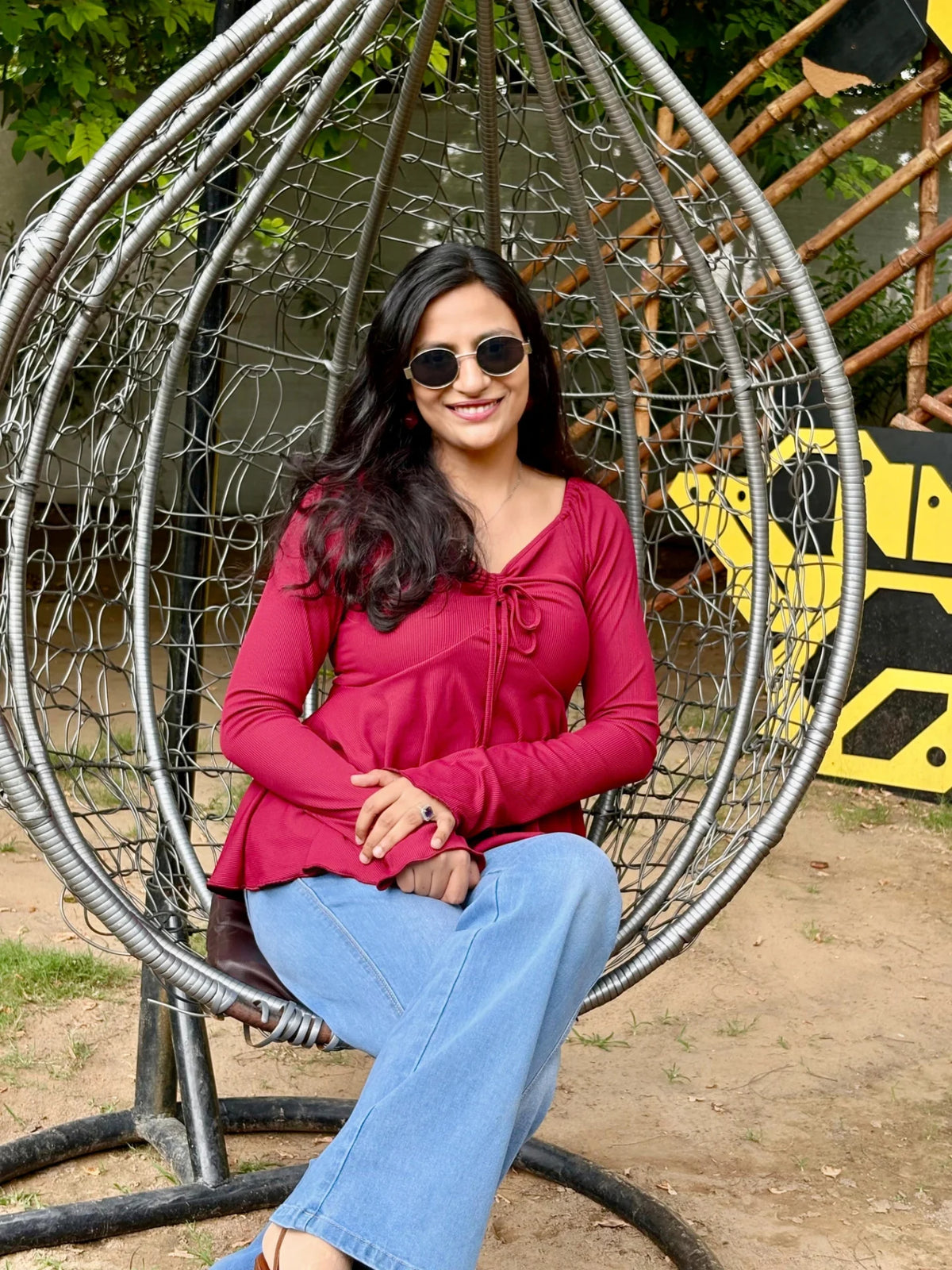 Customer photo 1 of Casual V Neck Ruched Flared Long Sleeve Top in Maroon