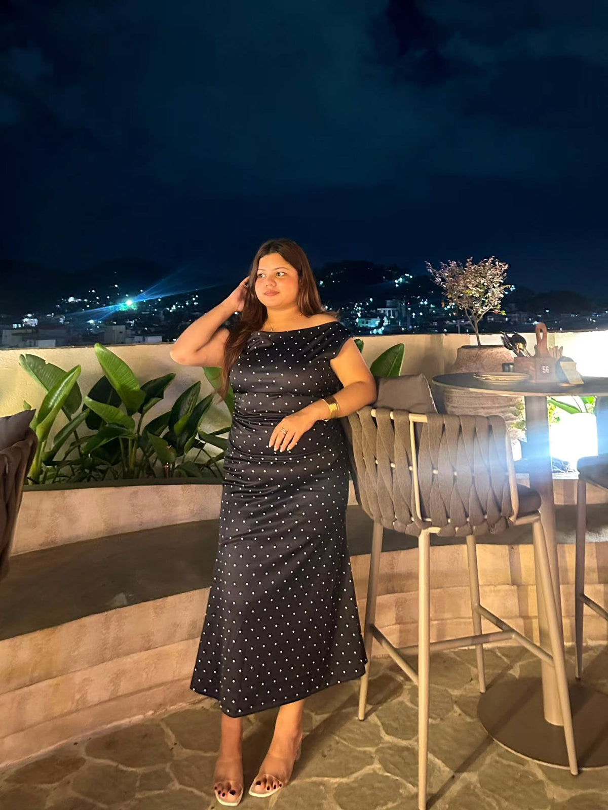 Customer photo 3 of Off-shoulder Ruched Top and Polka Dot Mermaid Maxi Skirt Two Piece Set
