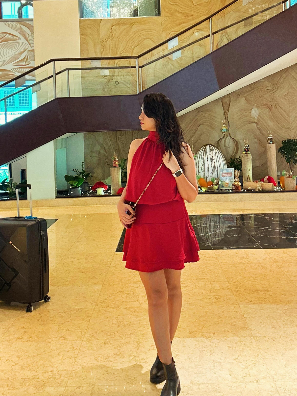 Customer photo 1 of Halter Neck Chiffon Waist Ruched Mini Dress in Maroon