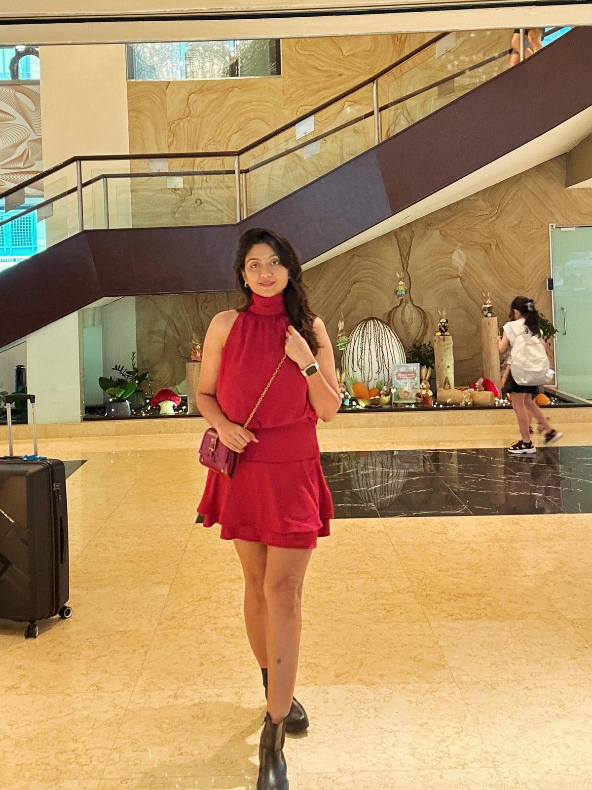 Customer photo 2 of Halter Neck Chiffon Waist Ruched Mini Dress in Maroon