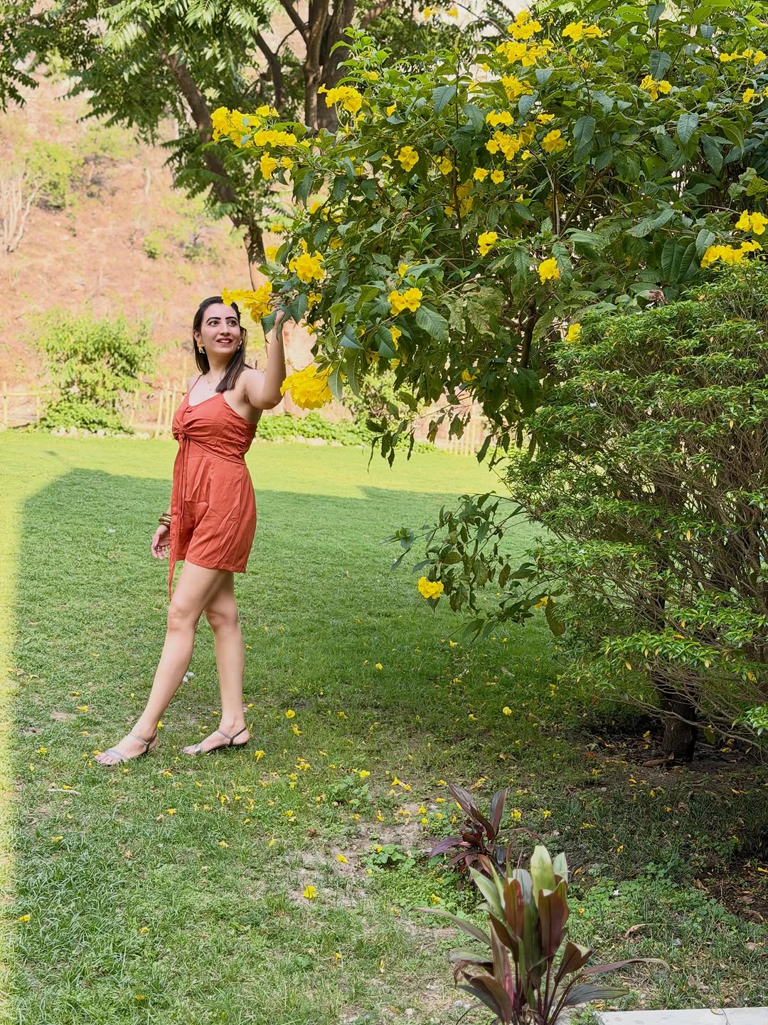 Customer photo 3 of Bowknot Shirred Sleeveless V-Neck Spaghetti Strap Jumpsuit in Rust
