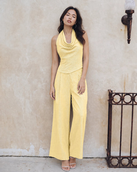 Halter Neck Striped Wide Leg Jumpsuit in Lemon Yellow