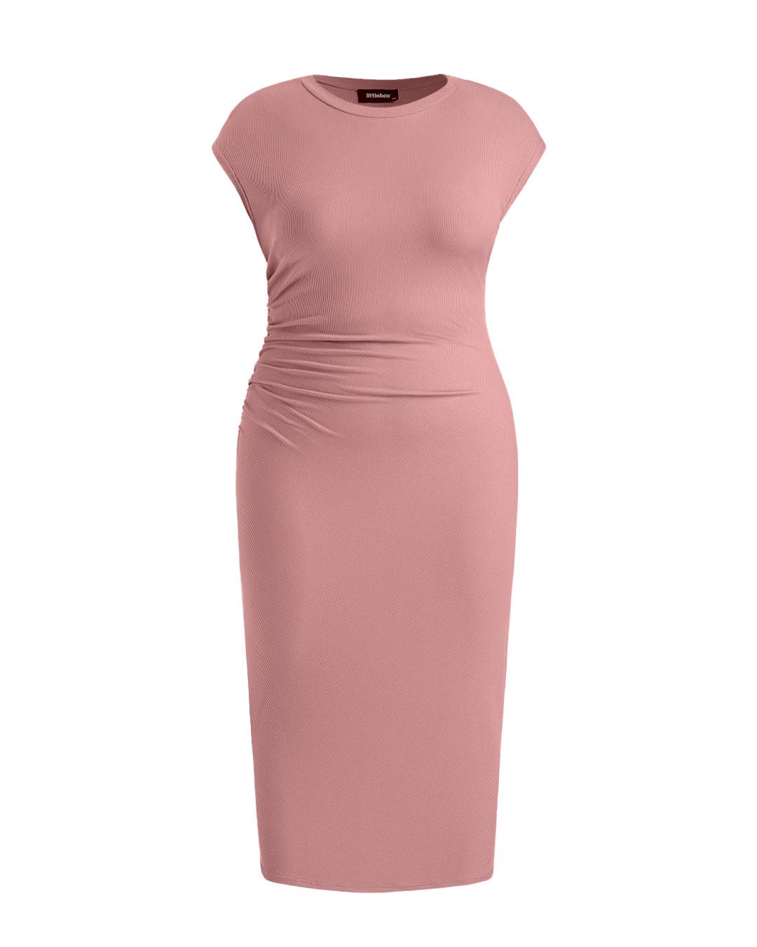 Knitted Short Sleeve Bodycon Dress With Pleated Waist In Pink Curve &