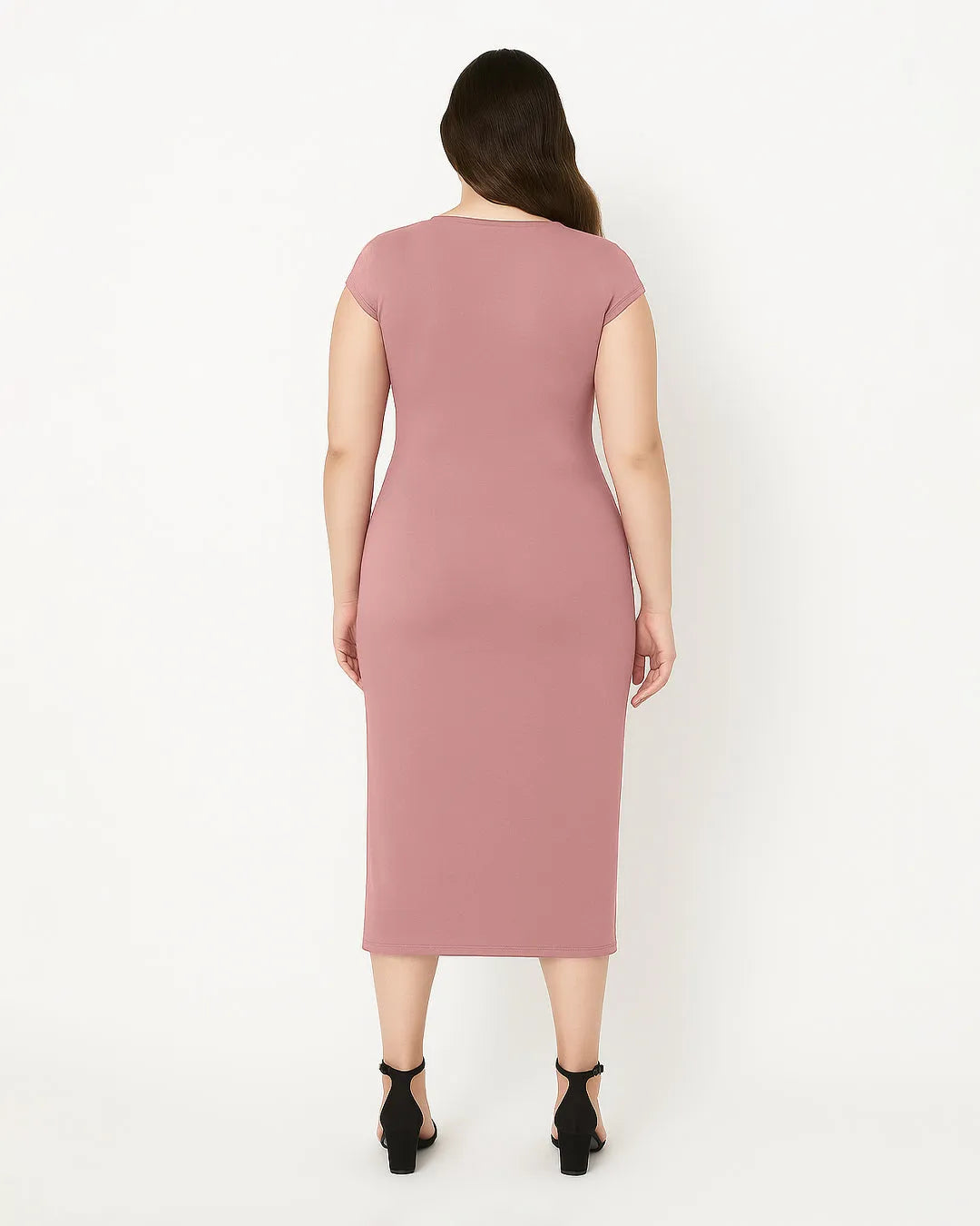 Knitted Short Sleeve Bodycon Dress With Pleated Waist In Pink Curve &