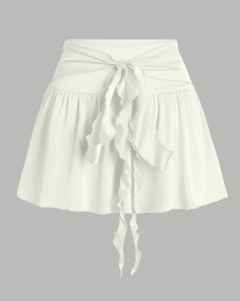 Knotted Ruffle High Waist Mini Skirt in Milky White Front View For Women | Littlebox India