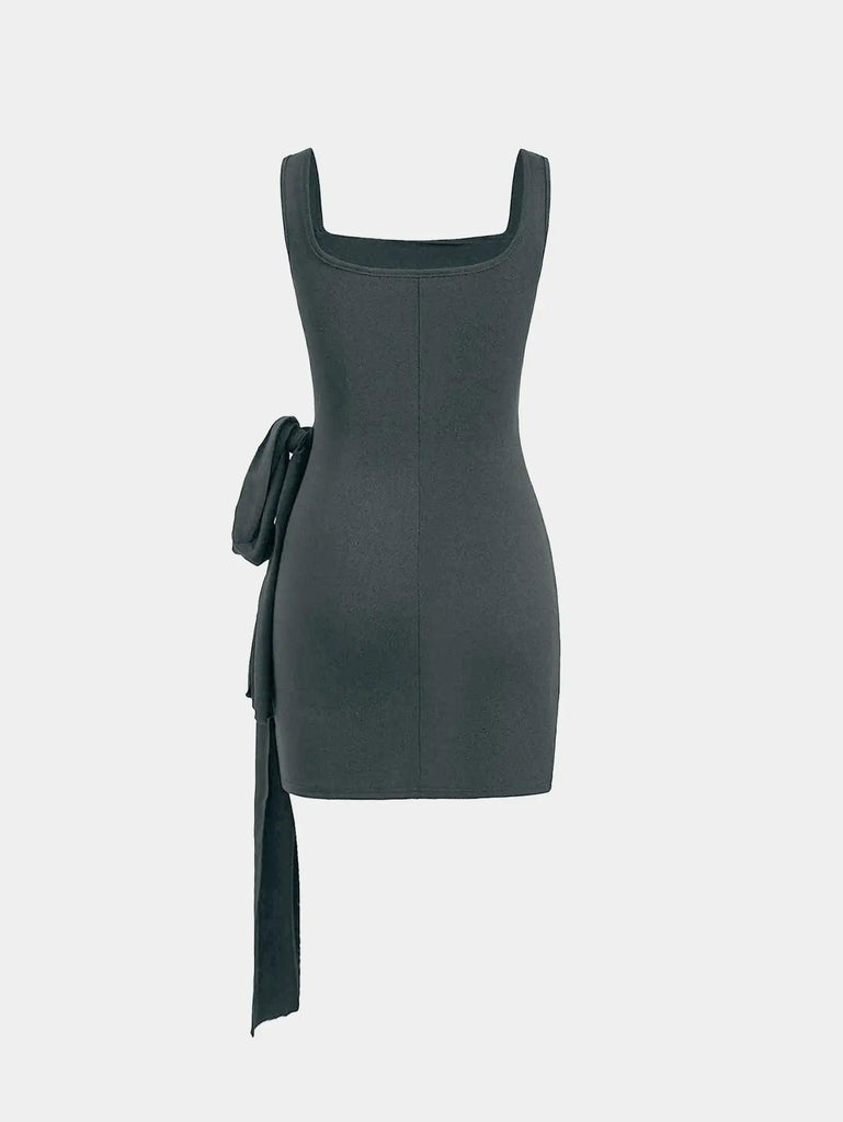 Back view of a grey mini dress with a knotted bow at the front, featuring a square neckline and sleeveless design