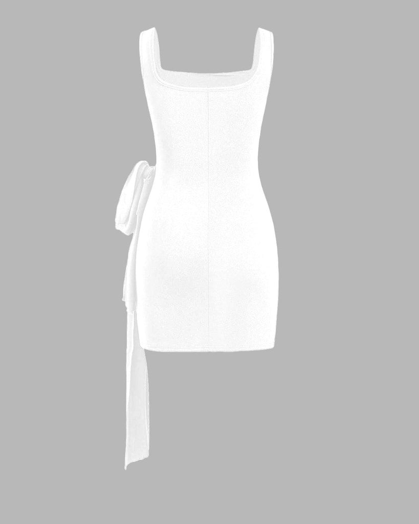 White square-neck sleeveless mini dress with ruched detailing, asymmetrical hem, and a knotted tie accent back view