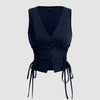 Front view of Navy blue sleeveless crop tank top with cross tie straps and side straps, V-neckline and a curved hem.