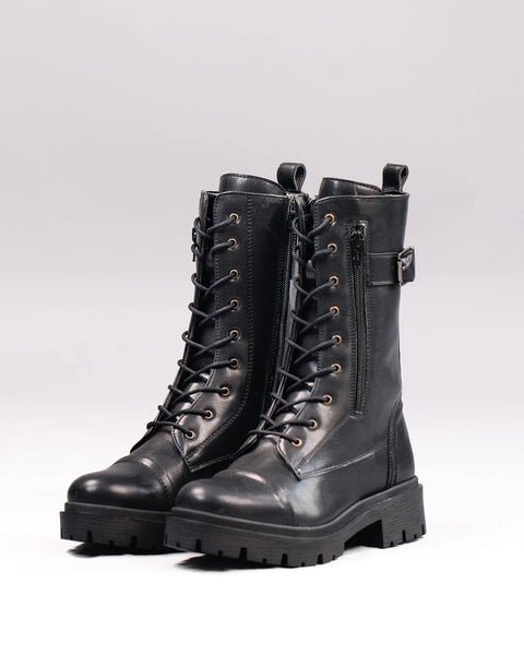 Front view of Black lace-up mid-calf boots with chunky sole and slim fit design, solid finish with rugged tread detail