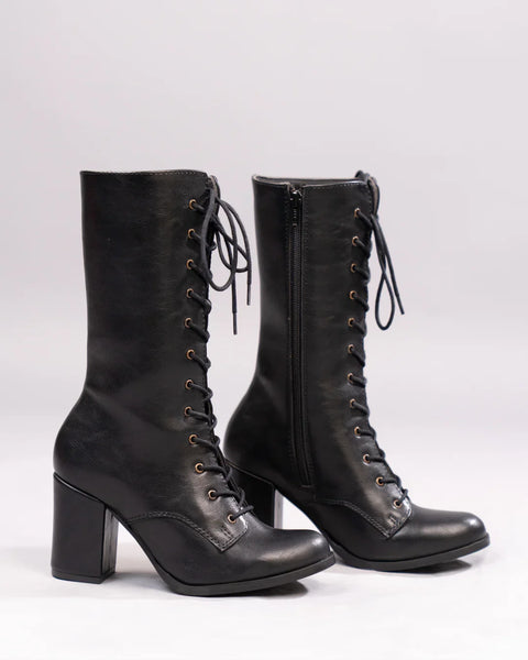 Side view of Black lace-up knee-high boots with slim fit design and sturdy block heel, solid finish with sleek silhouette