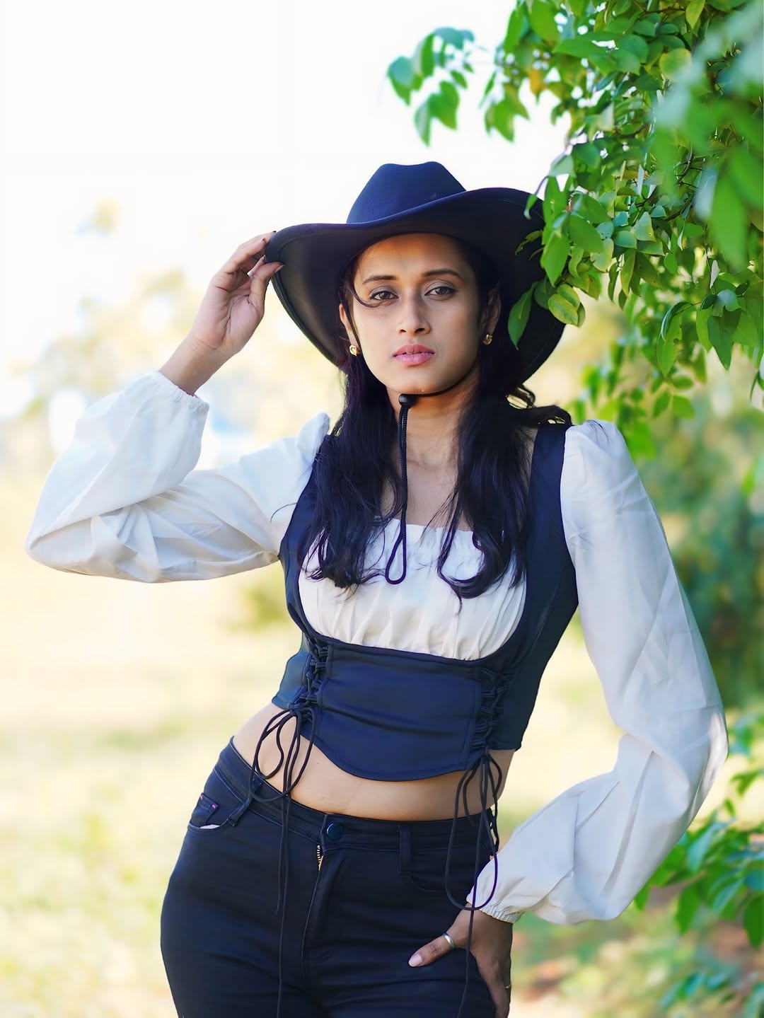 Customer photo 3 of Lace-Up Square Neck Long Sleeve Corset Top in Black and White
