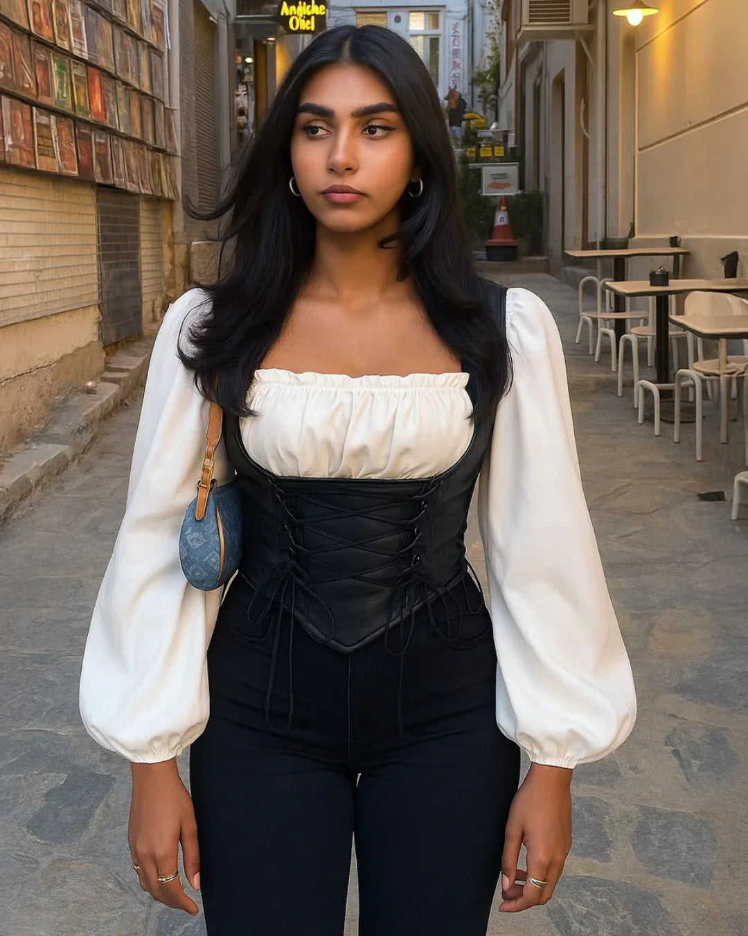 Lace-Up Corset Top in Black and White - Littlebox India