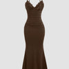 Front view of brown lace-trim bodycon dress with spaghetti straps and ruched waist, shown front and side on a plain background.