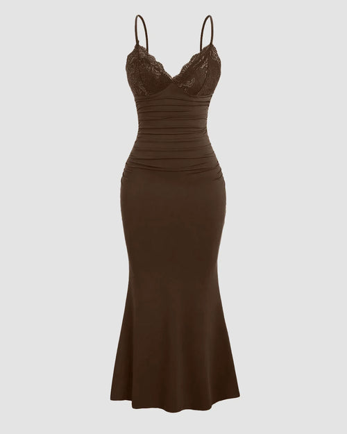Front view of brown lace-trim bodycon dress with spaghetti straps and ruched waist, shown front and side on a plain background.