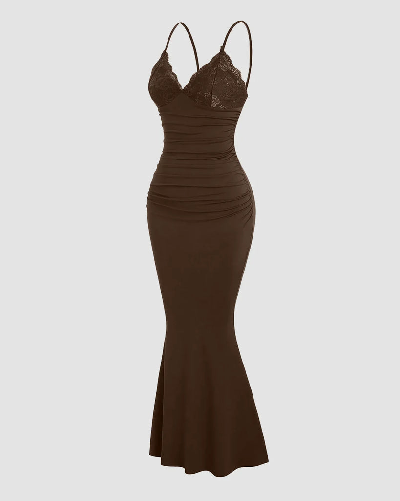 Lace Detail One Piece Bodycon Dress in Brown