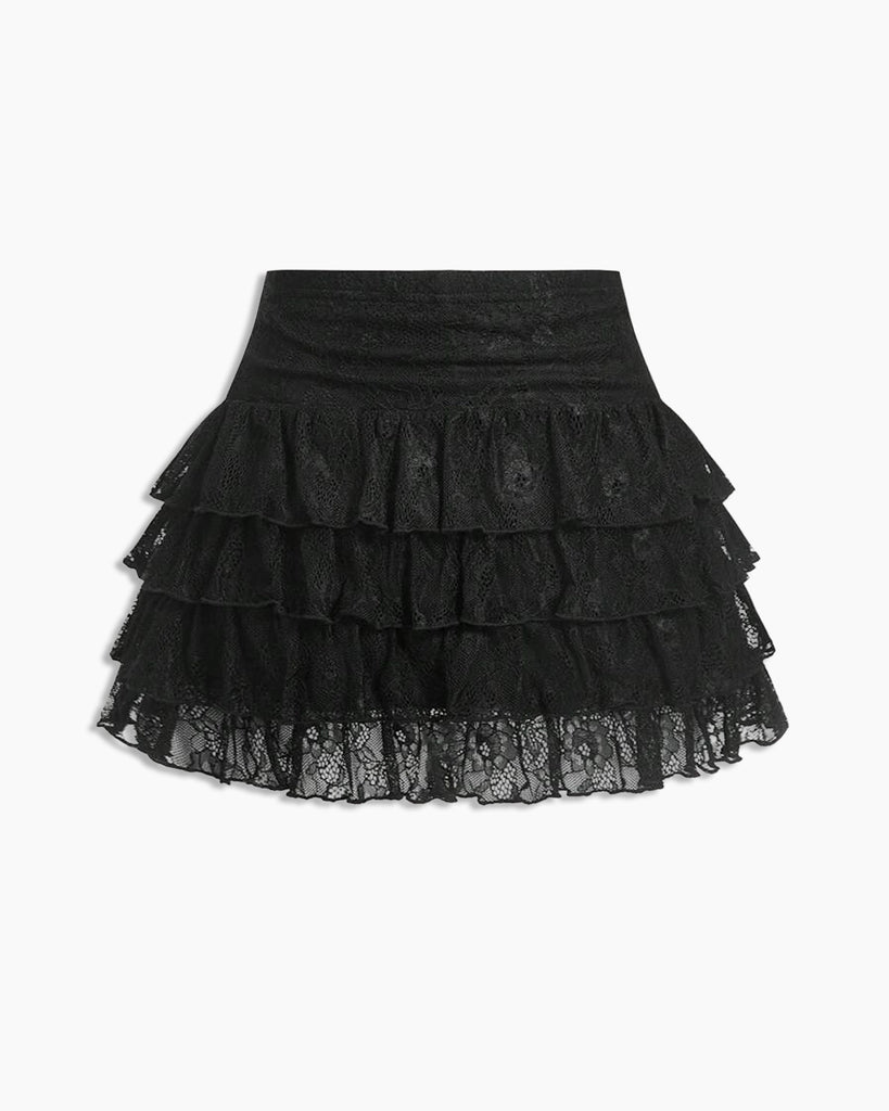 最終値下げ！AMOMMA MINI TACK SKIRT ブラック Lace Ruffle Hem Mini Skirt in Black - Littlebox India