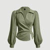 green top for women, designed with a V-neck wrap front and puff lantern long sleeves