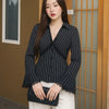 Lace Trim Collared Neck Full Sleeve Striped Shirt in Black On Model for Women | Littlebox India