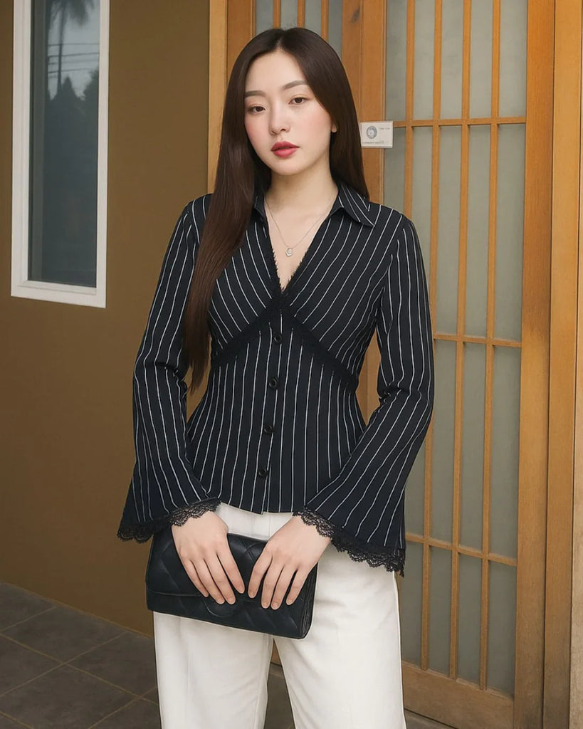 Lace Trim Collared Neck Shirt in Black - Littlebox India