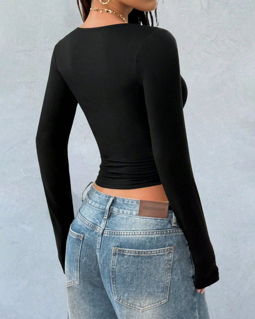 Lace Trim Ruched Bust Fitted Long Sleeve Top in Black- Littlebox India