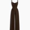 Lace Trim Sleeveless Wide Leg Jumpsuit in Chocolate Brown Front View For Women | Littlebox India
