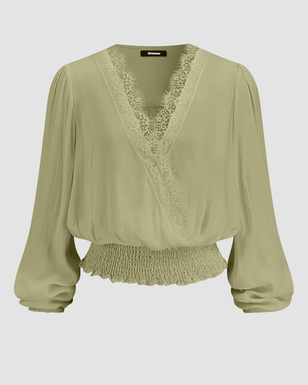 Lace Trim Smocked Waist Long Sleeve Top in Herbal Green- Littlebox