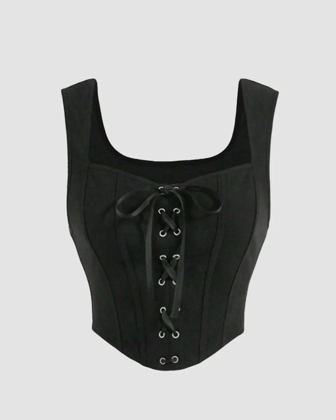 Lace Up Front Corset Top In Black