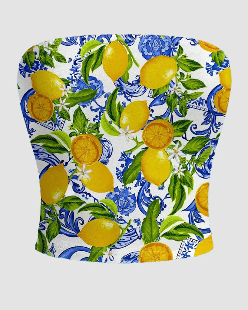 Blue and white strapless crop top featuring a lemon print pattern, perfect for summer fashion.