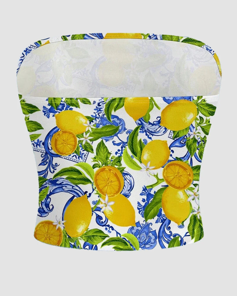 Back view of a Blue and white strapless crop top featuring a lemon print pattern, perfect for summer fashion.
