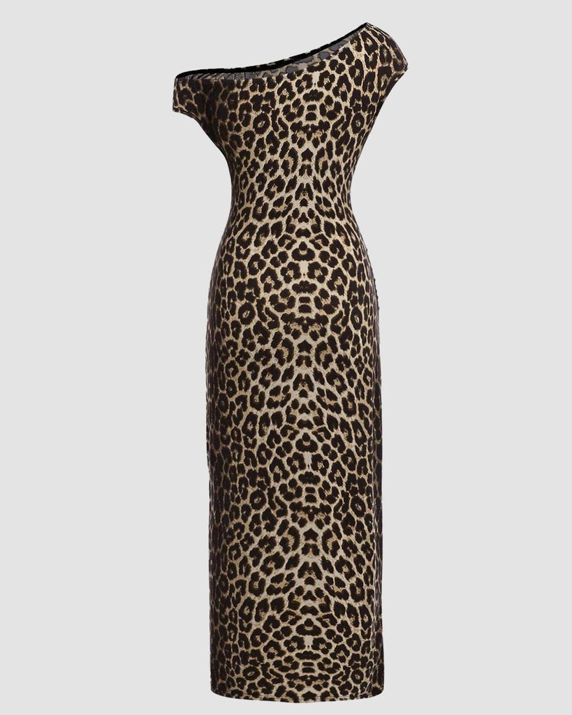 Back of A bodycon dress featuring a leopard print design, asymmetrical shoulder, and ruched waist made from stretchy fabric.