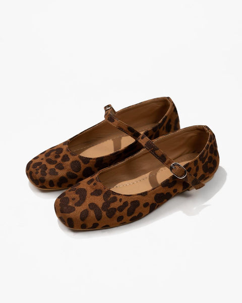 Front view of Leopard print ballet flat shoes with round toe, buckle strap detail, soft fabric finish, and slip-on design for daily wear.