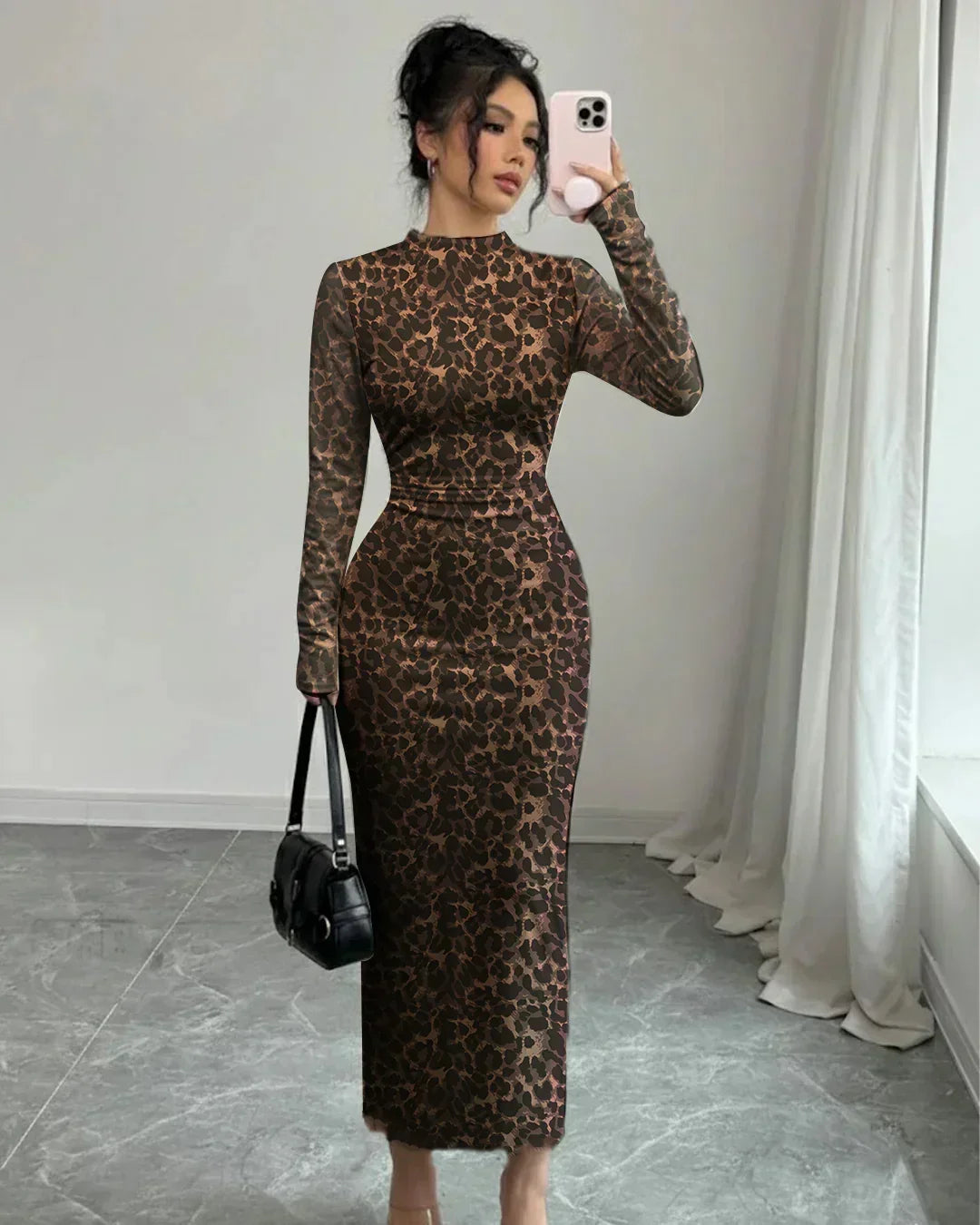 Leopard Print Mesh Ruched Bodycon Midi Dress – Littlebox India