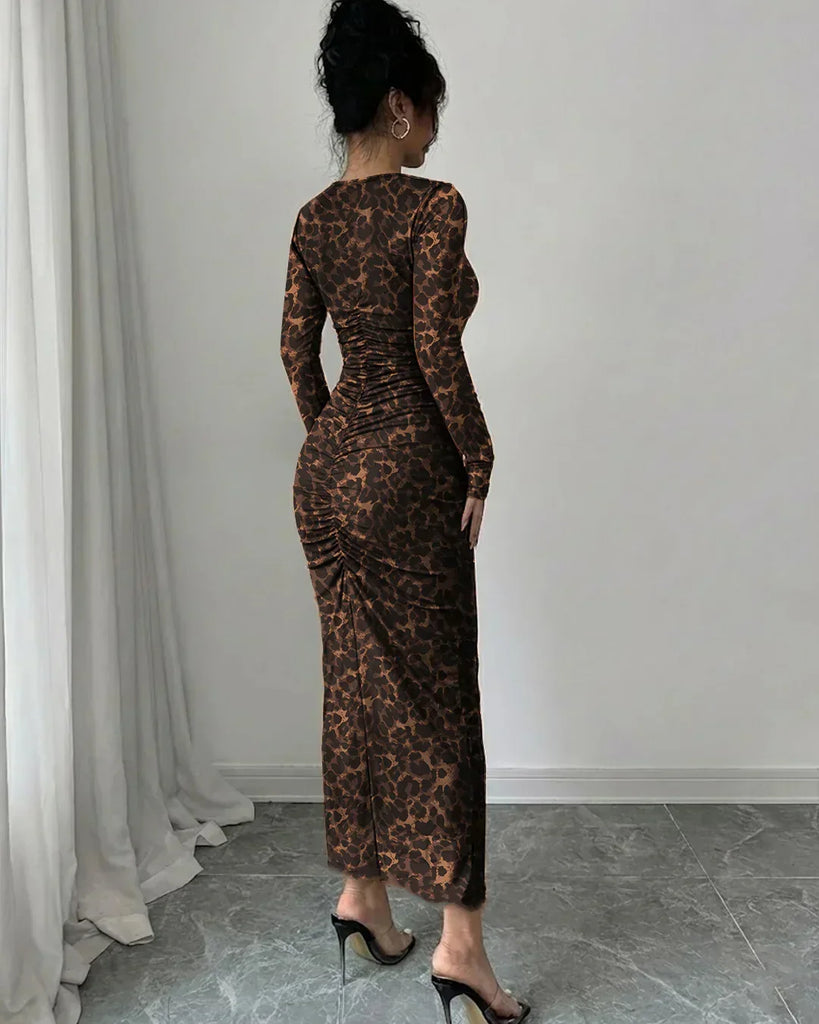 Leopard Print Mesh Ruched Bodycon Midi Dress – Littlebox India