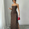 Leopard Print Square Neck Spaghetti Strap Slit Maxi Dress Front View for Women | Littlebox India