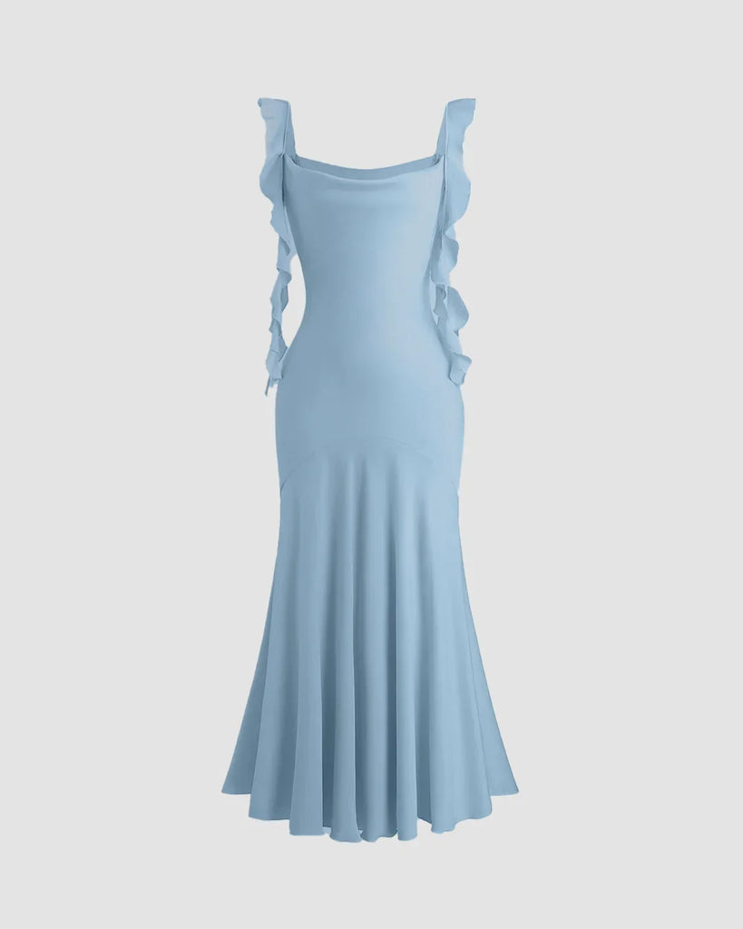 Light blue midi dress with ruffled straps, scoop neckline, and a fishtail hem for elegant movement and playful charm