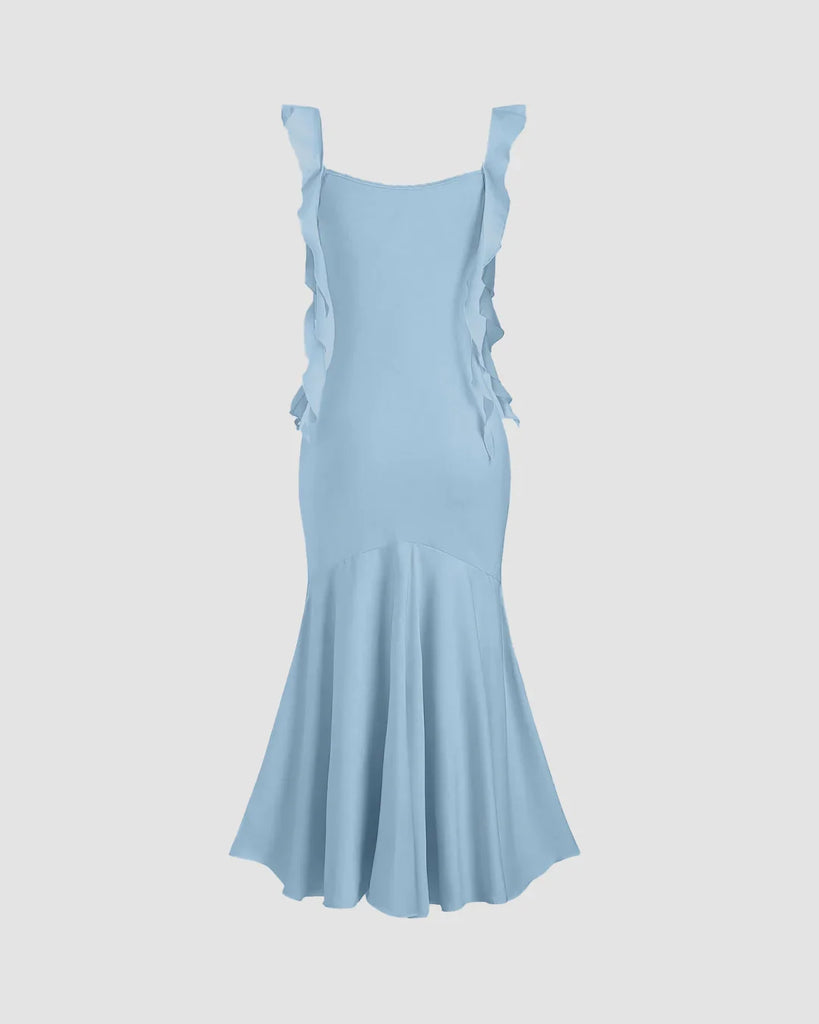 Light blue midi dress with ruffled straps, scoop neckline, and a fishtail hem for elegant movement and playful charm