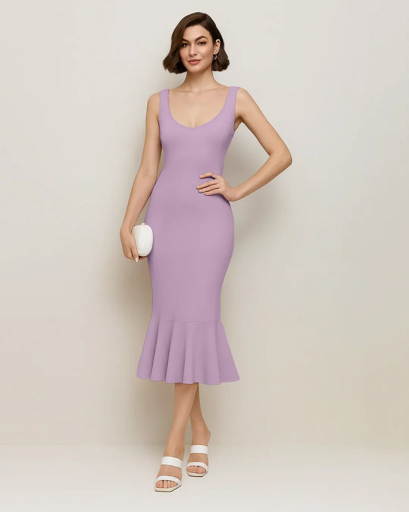 Lilac sleeveless bodycon dress with a fishtail hem, crafted from soft knit fabric.