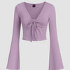 Lilac Solid Tie Front Bell Sleeve Mesh Crop Top Front View For Women | Littlebox India