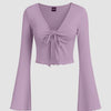 Lilac Solid Tie Front Bell Sleeve Mesh Crop Top