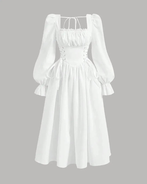 Front view of White vintage-style midi dress with long puff sleeves, square neckline, corset waist and lace-up back, flared skirt
