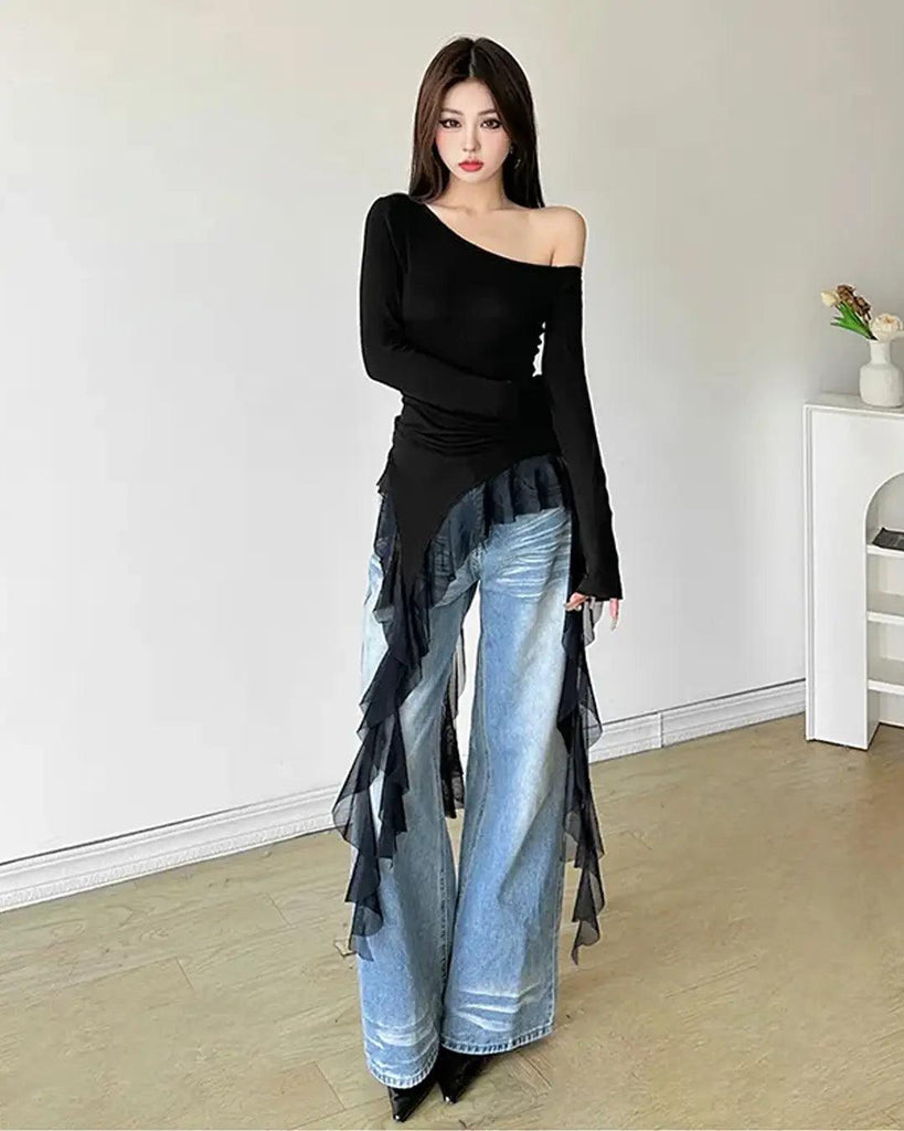 Long Asymmetrical Ruffles Long Sleeve One Shoulder Plain Asymmetrical Ruffle Top – Littlebox India