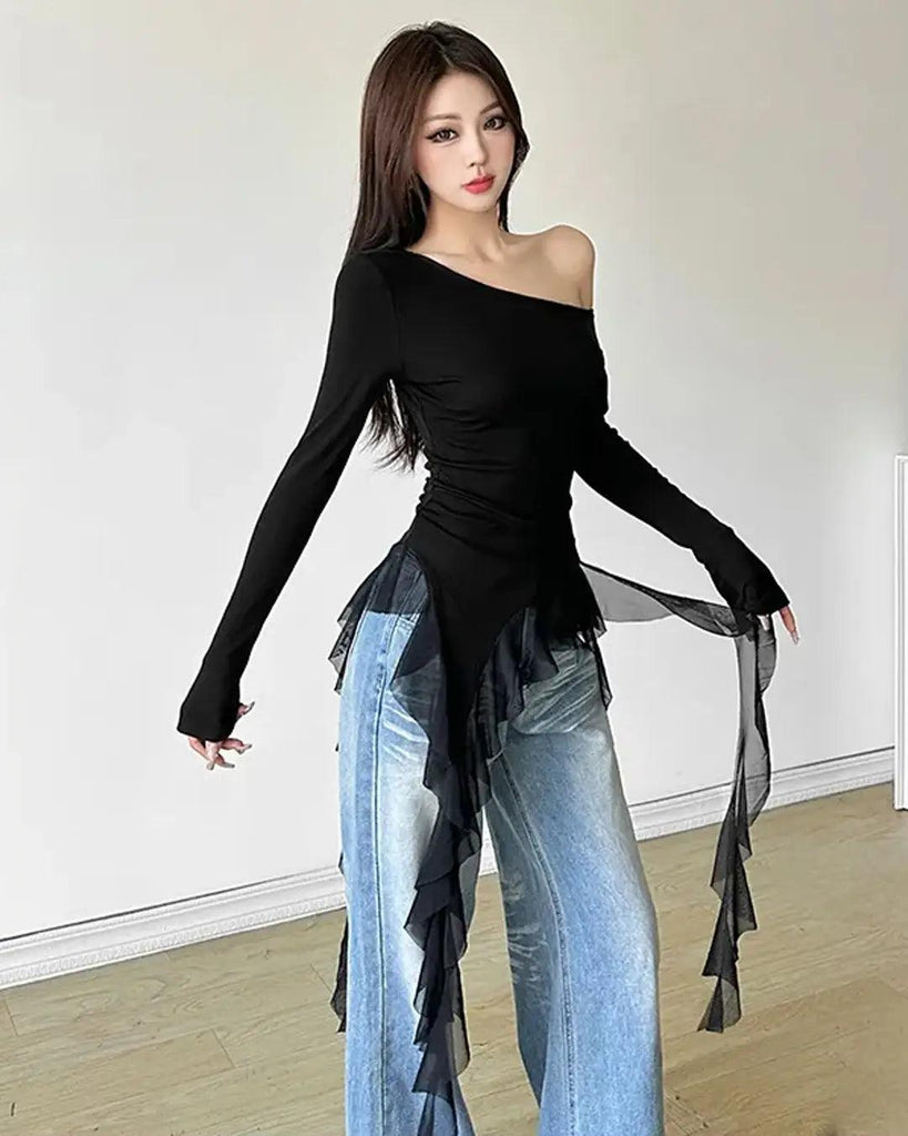 Long Sleeve One Shoulder Plain Asymmetrical Ruffle Top – Littlebox India