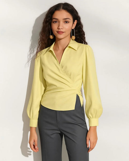 Women wearing Long Sleeve V Neck Wrap Style Solid Top in Yellow