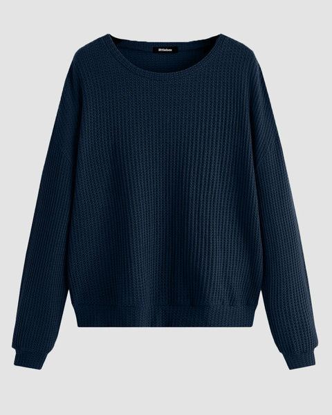 Lounge Crew Neck Ribbed Full Sleeve Sweatshirt in Navy Blue Front View For Women | Littlebox India