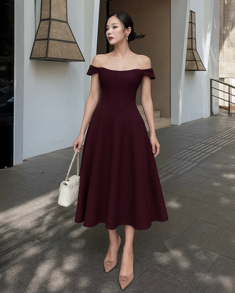 Maroon Faux Fishbone Design Romantic One-Shoulder Dress On Model for Women | Littlebox India
