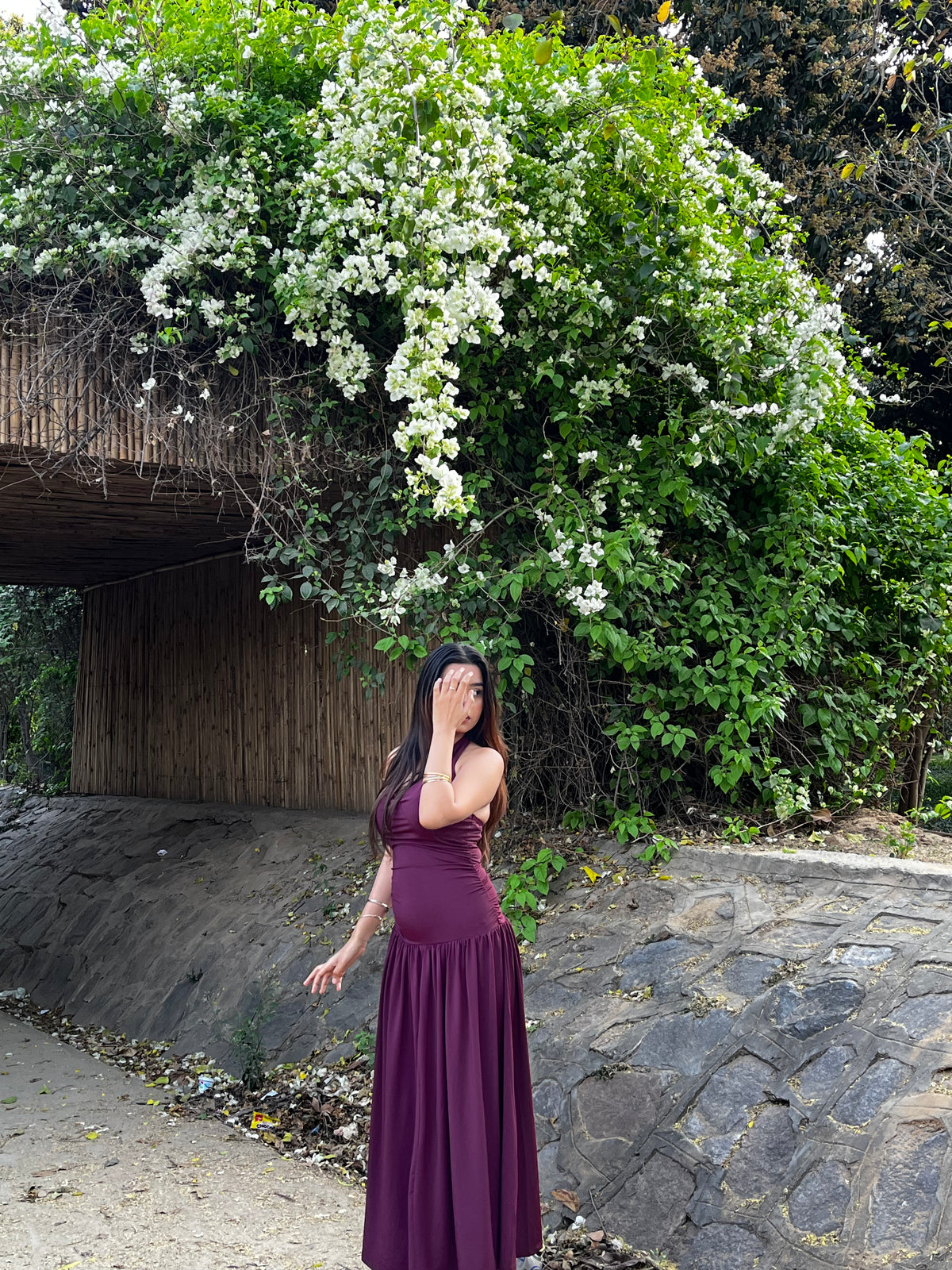 Customer photo 3 of Maroon Flared Pleated Low-Neck Halter Tie Maxi Dress