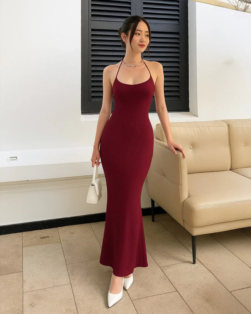 maroon bodycon maxi dress Ruched Cowl Neck Maxi Dress in Maroon