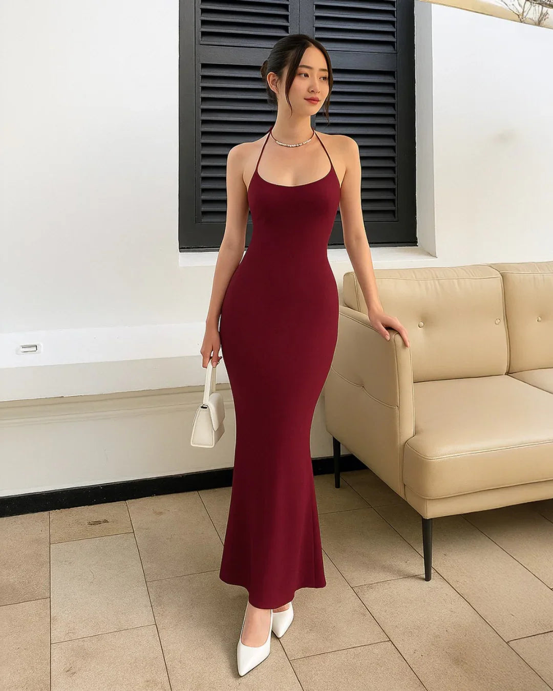 evening halter dresses Dusty Blue Formal Dresses Halter V-Neck Trumpet/Mermaid High Waist Ruched Formal Dress With Slit main image 0