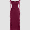 Maroon Ruched Ruffle Mesh Sleeveless Bodycon Midi Dress Front View for Women | Littlebox India
